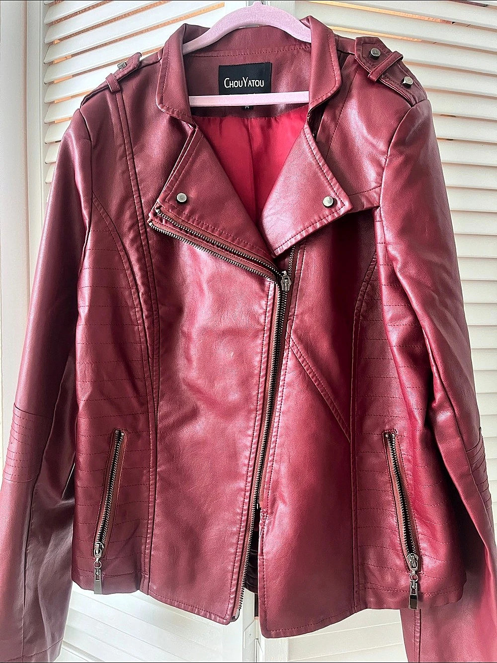 ChouYatou Faux Leather Moto Jacket Burgundy Medium Like New